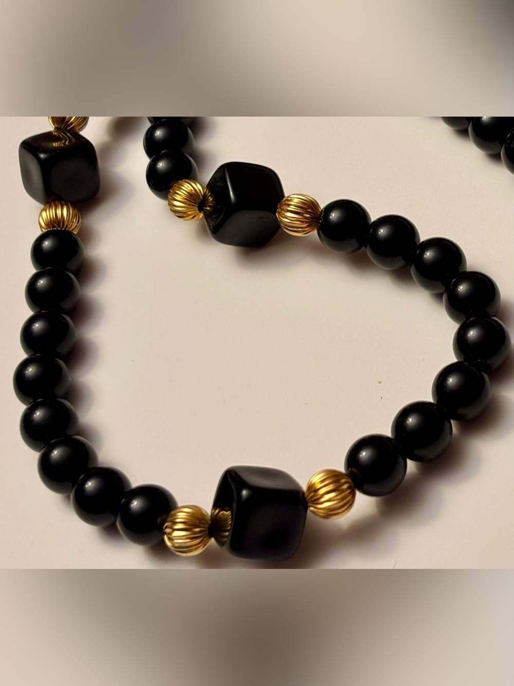 Vintage Modernist Black Bead Necklace Geometric Cube Accents Gold Tone Clasp